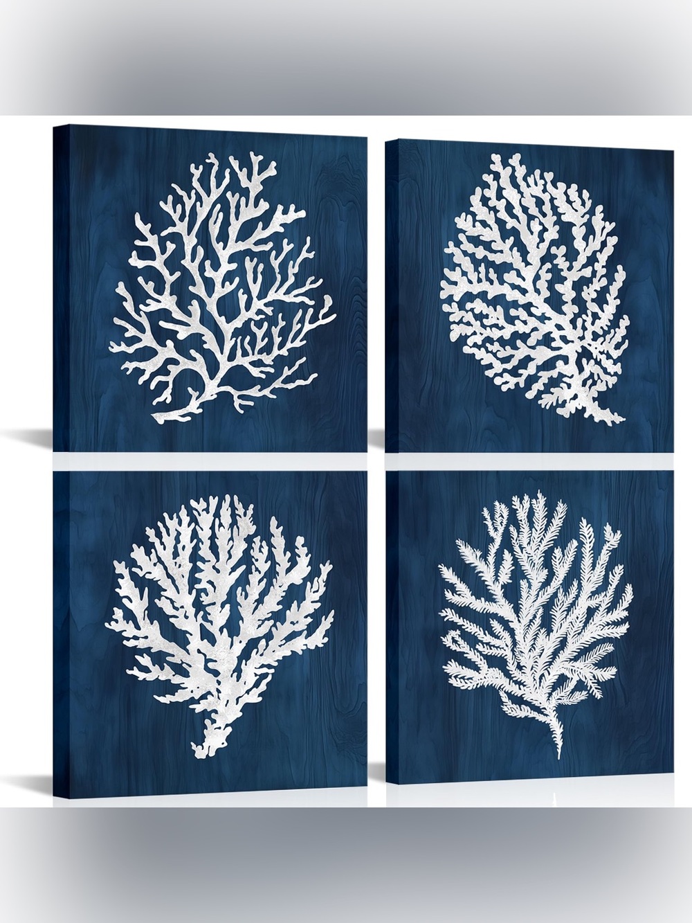Set Of 4 canvas prints white coral design, navy blue background. 12”x12”. New.